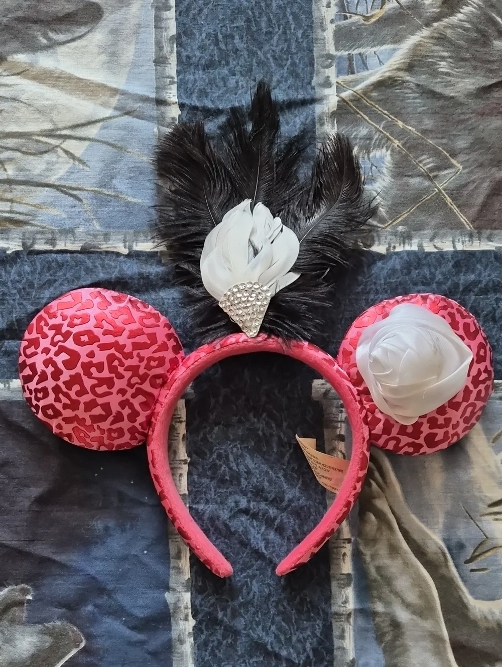 Disney Parks Pink Leopard Print Minnie Ear Headband with Black Feather Accent